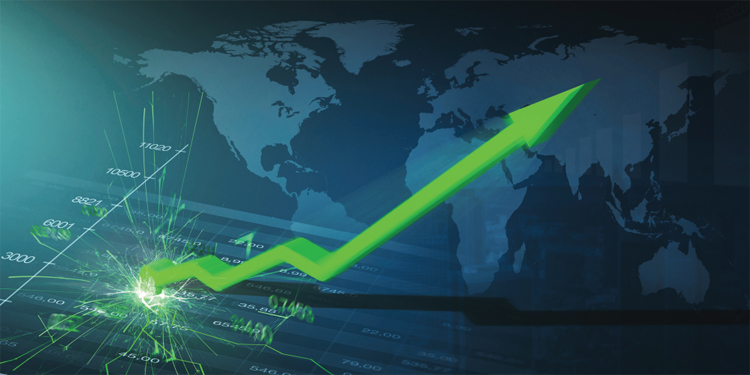 Green arrow exploding from a chart and crossing a map of the world